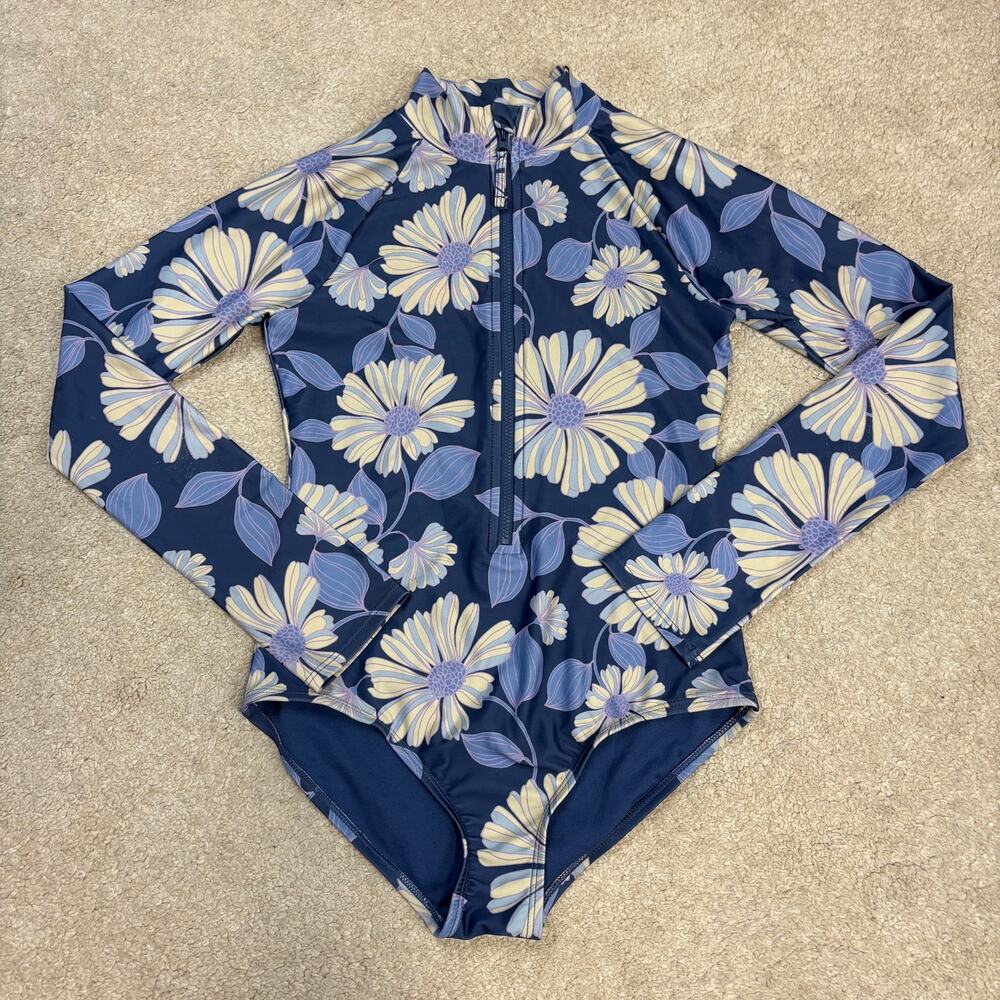 Gap Kids Blue Floral Print Zip-Front One-Piece Long Sleeve Swimsuit Size XL